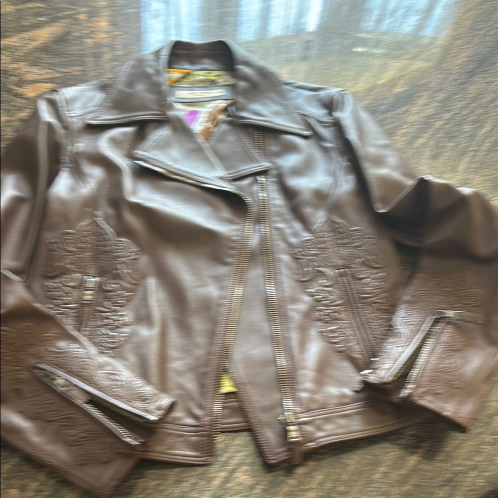 Brown Embroidered Leather Jacket size 6-8